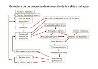 Estructura de un programa de evaluación de la calidad del agua
      Factores naturales
     Fuentes de contaminación
       Usos del agua                  Recursos humanos técnicos y financieros
        Legislación
                                      muestreos preliminares
        Objetivos
                                          trabajos de campo             Control hidrología
        Diseño del
        sistema de                trabajos laboratorio           Control de calidad datos
        evaluación
                                              Base de datos


                                             Tratamiento datos

     Re-diseño de la evaluación
                                             Interpretación datos

        Gestión agua
                                               evaluación y
                                                publicación
       Control polución
 