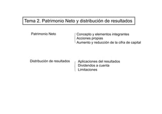 Tema 2. Patrimonio Neto y distribución de resultados
Patrimonio Neto Concepto y elementos integrantes
Acciones propias
Aumento y reducción de la cifra de capital
Distribución de resultados Aplicaciones del resultados
Dividendos a cuenta
Limitaciones
 