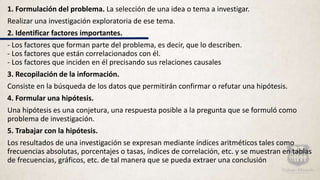 1. Formulación del problema. La selección de una idea o tema a investigar.
Realizar una investigación exploratoria de ese tema.
2. Identificar factores importantes.
- Los factores que forman parte del problema, es decir, que lo describen.
- Los factores que están correlacionados con él.
- Los factores que inciden en él precisando sus relaciones causales
3. Recopilación de la información.
Consiste en la búsqueda de los datos que permitirán confirmar o refutar una hipótesis.
4. Formular una hipótesis.
Una hipótesis es una conjetura, una respuesta posible a la pregunta que se formuló como
problema de investigación.
5. Trabajar con la hipótesis.
Los resultados de una investigación se expresan mediante índices aritméticos tales como
frecuencias absolutas, porcentajes o tasas, índices de correlación, etc. y se muestran en tablas
de frecuencias, gráficos, etc. de tal manera que se pueda extraer una conclusión
 