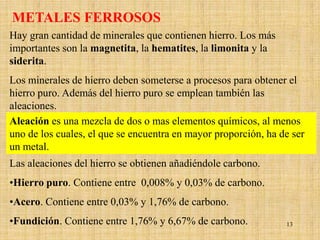 METALES FERROSOS
Hay gran cantidad de minerales que contienen hierro. Los más
importantes son la magnetita, la hematites, la limonita y la
siderita.
Los minerales de hierro deben someterse a procesos para obtener el
hierro puro. Además del hierro puro se emplean también las
aleaciones.
Aleación es una mezcla de dos o mas elementos químicos, al menos
uno de los cuales, el que se encuentra en mayor proporción, ha de ser
un metal.
Las aleaciones del hierro se obtienen añadiéndole carbono.
•Hierro puro. Contiene entre 0,008% y 0,03% de carbono.
•Acero. Contiene entre 0,03% y 1,76% de carbono.
•Fundición. Contiene entre 1,76% y 6,67% de carbono.            13
 