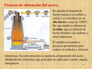 Proceso de obtención del acero.
                                     Se mezcla el mineral de
                                     hierro (mena) con carbón y
                                     caliza y se introduce en un
                                     alto horno a mas de 1500ºC.
                                     De este modo se obtiene el
                                     arrabio, que es mineral de
                                     hierro fundido con carbono y
                                     otras impurezas.
                                     El arrabio se somete a
                                     procesos posteriores para
                                     reducir el carbono y eliminar

impurezas. En estos procesos se ajusta la composición del acero
añadiendo los elementos que procedan en cada caso: cromo, niquel,
manganeso…..                                                  16
 