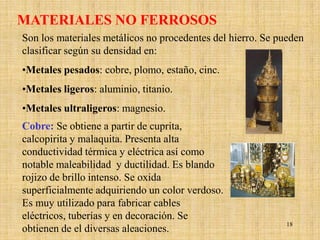 MATERIALES NO FERROSOS
Son los materiales metálicos no procedentes del hierro. Se pueden
clasificar según su densidad en:
•Metales pesados: cobre, plomo, estaño, cinc.
•Metales ligeros: aluminio, titanio.
•Metales ultraligeros: magnesio.
Cobre: Se obtiene a partir de cuprita,
calcopirita y malaquita. Presenta alta
conductividad térmica y eléctrica así como
notable maleabilidad y ductilidad. Es blando
rojizo de brillo intenso. Se oxida
superficialmente adquiriendo un color verdoso.
Es muy utilizado para fabricar cables
eléctricos, tuberías y en decoración. Se
                                                             18
obtienen de el diversas aleaciones.
 