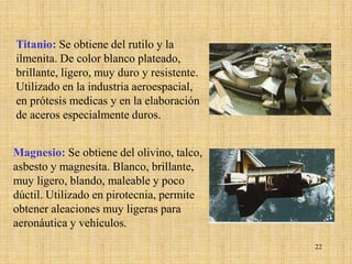 Titanio: Se obtiene del rutilo y la
ilmenita. De color blanco plateado,
brillante, ligero, muy duro y resistente.
Utilizado en la industria aeroespacial,
en prótesis medicas y en la elaboración
de aceros especialmente duros.


Magnesio: Se obtiene del olivino, talco,
asbesto y magnesita. Blanco, brillante,
muy ligero, blando, maleable y poco
dúctil. Utilizado en pirotecnia, permite
obtener aleaciones muy ligeras para
aeronáutica y vehículos.
                                            22
 