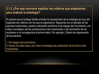 3.1.2 ¿Por qué conviene explicar los criterios que empleamos
para ordenar la antología?

Si quieren que el prólogo facilite al lector la comprensión de la antología es muy útil
explicarle los criterios con los que la organizaron. Siguiendo con el ejemplo de los
poemas modernistas, pueden ordenarlos conforme a las etapas del movimiento y en
orden cronológico (de las publicaciones más importantes o del nacimiento de los
escritores si no conseguimos el primer dato). Por ejemplo, Criterio de organización
de los poemas:

1. Por etapas del movimiento.
2. Dentro de cada etapa, por orden cronológico de publicación de los libros más
importantes.
 