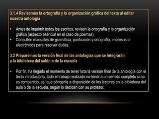 3.1.4 Revisemos la ortografía y la organización gráfica del texto al editar
nuestra antología

• Antes de imprimir todos los escritos, revisen la ortografía y la organización
  gráfica (aspecto esencial en el caso de poemas).
• Consulten manuales de gramática, puntuación y ortografía, impresos o
  electrónicos para resolver dudas.

3.2 Preparemos la versión final de las antologías que se integrarán
a la biblioteca del salón o de la escuela

• Por fin, ha llegado el momento de tener lista la versión final de la antología con el
  texto introductorio, todo el trabajo realizado no tendría un sentido completo si no
  es compartido, así que pónganla a disposición de los lectores en la biblioteca del
  aula o de la escuela, según lo decidan con su profesor.
 