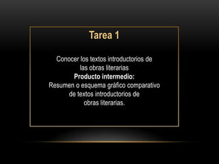 Tarea 1

  Conocer los textos introductorios de
          las obras literarias
       Producto intermedio:
Resumen o esquema gráfico comparativo
      de textos introductorios de
            obras literarias.
 