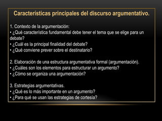Características principales del discurso argumentativo.

1. Contexto de la argumentación:
• ¿Qué característica fundamental debe tener el tema que se elige para un
debate?
• ¿Cuál es la principal finalidad del debate?
• ¿Qué conviene prever sobre el destinatario?

2. Elaboración de una estructura argumentativa formal (argumentación).
• ¿Cuáles son los elementos para estructurar un argumento?
• ¿Cómo se organiza una argumentación?

3. Estrategias argumentativas.
• ¿Qué es lo más importante en un argumento?
• ¿Para qué se usan las estrategias de cortesía?
 