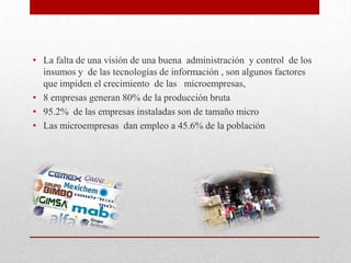 • La falta de una visión de una buena administración y control de los
  insumos y de las tecnologías de información , son algunos factores
  que impiden el crecimiento de las microempresas,
• 8 empresas generan 80% de la producción bruta
• 95.2% de las empresas instaladas son de tamaño micro
• Las microempresas dan empleo a 45.6% de la población
 