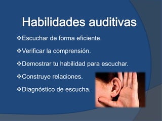 Escuchar de forma eficiente.
Verificar la comprensión.
Demostrar tu habilidad para escuchar.
Construye relaciones.
Diagnóstico de escucha.
 