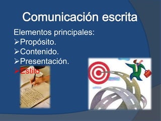 Elementos principales:
Propósito.
Contenido.
Presentación.
Estilo.
 