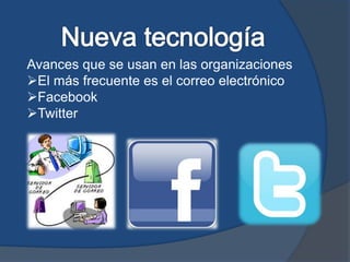 Avances que se usan en las organizaciones
El más frecuente es el correo electrónico
Facebook
Twitter
 