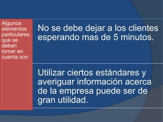Algunos
elementos
particulares
que se
deben
tomar en
cuenta son
No se debe dejar a los clientes
esperando mas de 5 minutos.
Utilizar ciertos estándares y
averiguar información acerca
de la empresa puede ser de
gran utilidad.
 