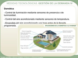 Energías renovables y eficiencia energética: 6 El Ahorro y La Eficiencia Energética
Domótica
- Control de iluminación mediante sensores de presencia o de
luminosidad.
- Control del aire acondicionado mediante sensores de temperatura.
- Encendido del aire acondicionado una hora antes de la llegada
programada.
MEDIDAS TECNOLÓGICAS. GESTIÓN DE LA DEMANDA IV
 