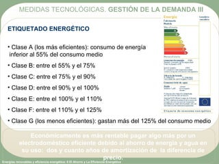 Energías renovables y eficiencia energética: 6 El Ahorro y La Eficiencia Energética
ETIQUETADO ENERGÉTICO
• Clase A (los más eficientes): consumo de energía
inferior al 55% del consumo medio
• Clase B: entre el 55% y el 75%
• Clase C: entre el 75% y el 90%
• Clase D: entre el 90% y el 100%
• Clase E: entre el 100% y el 110%
• Clase F: entre el 110% y el 125%
• Clase G (los menos eficientes): gastan más del 125% del consumo medio
Económicamente es más rentable pagar algo más por un
electrodoméstico eficiente debido al ahorro de energía y agua en
su uso: dos y cuanto años de amortización de la diferencia de
precio.
MEDIDAS TECNOLÓGICAS. GESTIÓN DE LA DEMANDA III
 