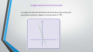 Imagen del dominio de la función.
La imagen de cada valor del dominio de la función es otro numero real
que puede ser positivo, negativo o cero; por tanto: C = R
 