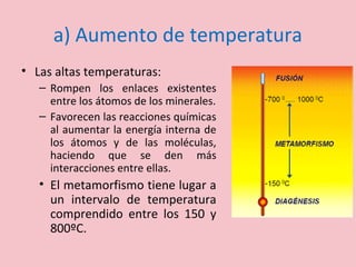 a) Aumento de temperatura
• Las altas temperaturas:
– Rompen los enlaces existentes
entre los átomos de los minerales.
– Favorecen las reacciones químicas
al aumentar la energía interna de
los átomos y de las moléculas,
haciendo que se den más
interacciones entre ellas.
• El metamorfismo tiene lugar a
un intervalo de temperatura
comprendido entre los 150 y
800ºC.
 