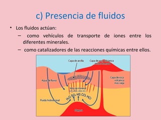 c) Presencia de fluidos
• Los fluidos actúan:
– como vehículos de transporte de iones entre los
diferentes minerales.
– como catalizadores de las reacciones químicas entre ellos.
 