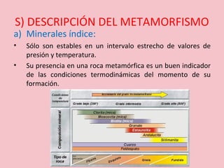 S) DESCRIPCIÓN DEL METAMORFISMO
a) Minerales índice:
• Sólo son estables en un intervalo estrecho de valores de
presión y temperatura.
• Su presencia en una roca metamórfica es un buen indicador
de las condiciones termodinámicas del momento de su
formación.
 