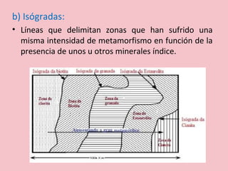 b) Isógradas:
• Líneas que delimitan zonas que han sufrido una
misma intensidad de metamorfismo en función de la
presencia de unos u otros minerales índice.
 