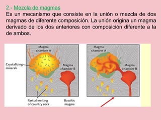 2.- Mezcla de magmas
Es un mecanismo que consiste en la unión o mezcla de dos
magmas de diferente composición. La unión origina un magma
derivado de los dos anteriores con composición diferente a la
de ambos.
 