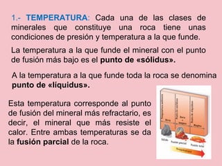 A la temperatura a la que funde toda la roca se denomina
punto de «líquidus».
Esta temperatura corresponde al punto
de fusión del mineral más refractario, es
decir, el mineral que más resiste el
calor. Entre ambas temperaturas se da
la fusión parcial de la roca.
1.- TEMPERATURA: Cada una de las clases de
minerales que constituye una roca tiene unas
condiciones de presión y temperatura a la que funde.
La temperatura a la que funde el mineral con el punto
de fusión más bajo es el punto de «sólidus».
 