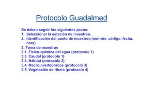 Protocolo Guadalmed
Se deben seguir los siguientes pasos:
1. Seleccionar la estación de muestreo.
2. Identificación del punto de muestreo (nombre, código, fecha,
   hora)
3. Toma de muestras
3.1. Fisico-química del agua (protocolo 1)
3.2. Caudal (protocolo 1)
3.3. Hábitat (protocolo 2)
3.4. Macroinvertebrados (protocolo 3)
3.5. Vegetación de ribera (protocolo 4)
 