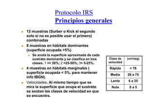 Protocolo IRS
                Principios generales
12 muestras (Surber o Kick el segundo
solo si no es posible usar el primero)
combinadas
8 muestras en hábitats dominantes
(superficie ocupada >5%)
   Se anota la superfície aproximada de cada
   sustrato dominante y se clasifica en tres   Clase de    (cm/seg)
   clases. 1 => 50%; 2 =25-50%; 3= 5-25%.      velocidad

4 muestras en hábitats marginales (            Rápida       > 76
superfície ocupada < 5%, para mantener
                                                Media      26 a 75
info IBGN).
Velocidades. Al mismo tiempo que se             Lenta      6 a 25
mira la superfície que ocupa el sustrato         Nula       0a5
se anotan las clases de velocidad en que
se encuentra.
 