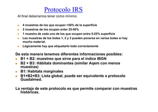 Protocolo IRS
 Al final deberíamos tener como mínimo:

    4 muestras de los que ocupan >50% de la superfície
    2 muestras de los ocupan enter 25-50%
    1 muestra de cada uno de los que ocupan entre 5-25% superfície
    Les muestras de los botes 1, 2 y 3 pueden ponerse en varios botes si hay
    mucho material.
    Lógicamente hay que etiquetarlo todo correctamente

De esta manera tenemos diferentes informaciones posibles:
  B1 + B2: muestreo que sirve para el índice IBGN
  B2 + B3: Hábitats dominantes (similar Aqem con menos
  muestras)
  B1: Habitats marginales
  B1+B2+B3: Lista global, puede ser equivalente a protocolo
  Guadalmed.

La ventaja de este protocolo es que permite comparar con muestras
   históricas.
 