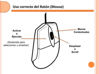 Uso correcto del Ratón (Mouse) Activar o Ejecutar (Sostenido para seleccionar y arrastrar) Desplazar o Scroll Menús Contextuales 