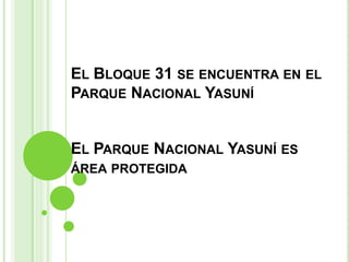 EL BLOQUE 31 SE ENCUENTRA EN EL
PARQUE NACIONAL YASUNÍ


EL PARQUE NACIONAL YASUNÍ ES
ÁREA PROTEGIDA
 