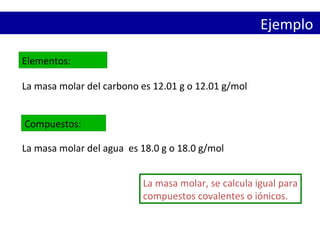 La masa molar del carbono es 12.01 g o 12.01 g/mol
Elementos:
La masa molar, se calcula igual para
compuestos covalentes o iónicos.
Compuestos:
La masa molar del agua es 18.0 g o 18.0 g/mol
Ejemplo
 