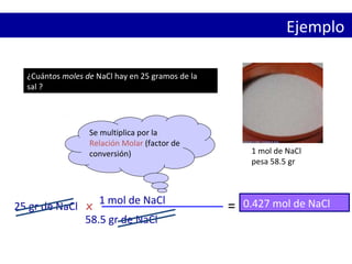 ¿Cuántos moles de NaCl hay en 25 gramos de la
sal ?
1 mol de NaCl
pesa 58.5 gr
25 gr de NaCl x
58.5 gr de NaCl
1 mol de NaCl 0.427 mol de NaCl=
Se multiplica por la
Relación Molar (factor de
conversión)
Ejemplo
 