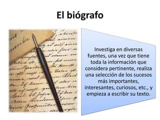 El biógrafo
Investiga en diversas
fuentes, una vez que tiene
toda la información que
considera pertinente, realiza
una selección de los sucesos
más importantes,
interesantes, curiosos, etc., y
empieza a escribir su texto.
 