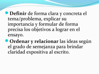 Definir de forma clara y concreta el
tema/problema, explicar su
importancia y formular de forma
precisa los objetivos a lograr en el
ensayo.
Ordenar y relacionar las ideas según
el grado de semejanza para brindar
claridad expositiva al escrito.
 