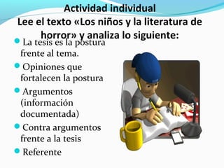 Actividad individual
Lee el texto «Los niños y la literatura de
horror» y analiza lo siguiente:La tesis es la postura
frente al tema.
Opiniones que
fortalecen la postura
Argumentos
(información
documentada)
Contra argumentos
frente a la tesis
Referente
 