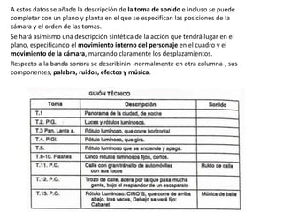 A estos datos se añade la descripción de la toma de sonido e incluso se puede
completar con un plano y planta en el que se especifican las posiciones de la
cámara y el orden de las tomas.
Se hará asimismo una descripción sintética de la acción que tendrá lugar en el
plano, especificando el movimiento interno del personaje en el cuadro y el
movimiento de la cámara, marcando claramente los desplazamientos.
Respecto a la banda sonora se describirán -normalmente en otra columna-, sus
componentes, palabra, ruidos, efectos y música.
 