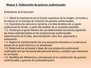 Bloque 3. Elaboración de guiones audiovisuales
Estándares de Evaluación:
1.1. Valora la importancia de la función expresiva de la imagen, el sonido y
la música en el proceso de creación de guiones audiovisuales.
1.2. Caracteriza la estructura narrativa y la idea temática de un guión
audiovisual de ficción, a partir del análisis de un proyecto aportado.
1.3. Construye el guión literario de una determinada secuencia siguiendo
las fases estandarizadas en las producciones audiovisuales:
determinación de la idea, documentación, story line, argumento y
tratamiento.
1.4. Realiza la transformación de una secuencia dramática a la estructura
propia de un guión técnico y un storyboard.
1.5. Relaciona los procesos y fases de una producción audiovisual
multimedia con las funciones del personal técnico y artístico que interviene
en la misma.
1.6. Identifica las diferencias y semejanzas en la construcción de guiones
audiovisuales y guiones de audiodescripción.
 