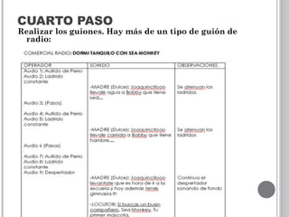 CUARTO PASO
Realizar los guiones. Hay más de un tipo de guión de
radio:
 