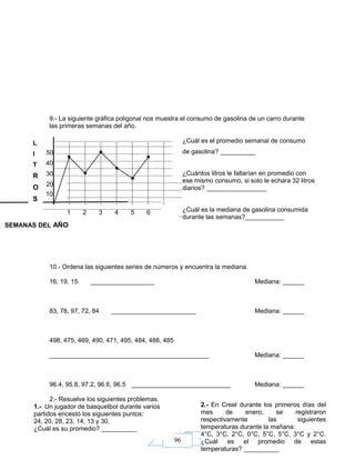 96
9.- La siguiente gráfica poligonal nos muestra el consumo de gasolina de un carro durante
las primeras semanas del año.
10.- Ordena las siguientes series de números y encuentra la mediana.
16, 19, 15 __________________ Mediana: ______
83, 78, 97, 72, 84 ________________________ Mediana: ______
498, 475, 469, 490, 471, 495, 484, 488, 485
_____________________________________________ Mediana: ______
96.4, 95.8, 97.2, 96.6, 96.5 ____________________________ Mediana: ______
2.- Resuelve los siguientes problemas.
1 2 3 4 5 6
50
40
30
20
10
L
I
T
R
O
S
SEMANAS DEL AÑO
¿Cuál es el promedio semanal de consumo
de gasolina? __________
¿Cuántos litros le faltarían en promedio con
ese mismo consumo, si solo le echara 32 litros
diarios? _________________
¿Cuál es la mediana de gasolina consumida
durante las semanas?___________
1.- Un jugador de basquetbol durante varios
partidos encestó los siguientes puntos:
24, 20, 28, 23, 14, 13 y 30.
¿Cuál es su promedio? __________
2.- En Creel durante los primeros días del
mes de enero, se registraron
respectivamente las siguientes
temperaturas durante la mañana:
4°C, 3°C, 2°C, 0°C, 5°C, 5°C, 3°C y 2°C.
¿Cuál es el promedio de estas
temperaturas? __________
 