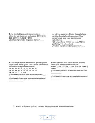 96
3.- Analiza la siguiente gráfica y contesta las preguntas que enseguida se hacen.
3.- La familia López gastó diariamente en
alimentos las siguientes cantidades: $220, $240,
$90, $223, $340, $275 y $196.
¿Cuál es el promedio de gastos diarios? ____
4.- Iván en su carro a Ciudad Juárez lo hace
cambiando cada hora la velocidad. Viaja
conservando cada hora las siguientes
velocidades:
120 km por hora, 130 km por hora, 140 km
por hora y 115 km por hora.
¿Cuál es el promedio de la velocidad? ___
5.- En una prueba de Matemáticas que se aplicó a
un grupo de primer grado cada uno de los alumnos
obtuvieron los siguientes aciertos:
38, 37, 36, 36, 34, 34, 33, 32, 32, 32,
31, 30, 30, 30, 30, 29, 29, 29, 28, 26,
24, 24, 22, 21, 19 y 18.
¿Cuál es el promedio de aciertos del grupo?___
¿Cuál es el número que representa la mediana?
_______________
6.- Una persona en la sierra recorrió durante
varios días las siguientes distancias:
17 km, 18 km, 23.5 km, 20 km, 21.5 km, 18 km y
24 km.
¿Cuál es el promedio de kilómetros recorridos?
___________
¿Cuál es el número que representa la mediana?
__________
 
