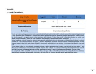 BLOQUE III
LA POBLACIÓN DE MÉXICO
Campo Formativo

Asignatura

Grado

Bimestre

Semanas

Exploración y Comprensión del Mundo Natural y
Social

Geografía

4°

III

8

Competencia Geográfica

Aprecio de la diversidad social y cultural

Eje Temático

Componentes sociales y culturales

En este eje temático se integra el crecimiento, la composición, la distribución y el movimiento de la población, sus condiciones presentes y tendencias
a futuro, generadas por su concentración y dispersión en el espacio geográfico, así como las características propias de los espacios rurales y urbanos,
con atención especial a la migración y a los problemas actuales de la población. Fortalece el aprecio de la diversidad cultural en las escalas local,
estatal, nacional, continental y mundial, así como la identidad de los alumnos en relación con el contexto donde viven […].
Será en este bloque en donde los alumnos reconocen la composición, la distribución, los movimientos y las manifestaciones culturales de la población
nacional, con el fin de adquirir conciencia del espacio y valorar su diversidad en el contexto nacional. Comparan la población que habita en zonas
urbanas y rurales en el territorio nacional, para distinguir la concentración de la población en las ciudades, en contraste con la dispersión en el medio
rural.
En este bloque analizan los movimientos de la población nacional a partir de la migración que se realiza en el interior del territorio nacional y hacia
otros países, de manera que sean conscientes de que la migración de la población es un proceso dinámico que tiene implicaciones en la escala
nacional. En el cierre, se busca que valoren la diversidad de la población nacional a partir de manifestaciones culturales de diferentes grupos.
Las categorías de análisis espacial de mayor uso en este bloque son lugar, medio y territorio. Lo aprendido servirá para que los alumnos establezcan
relaciones entre la población, las actividades económicas y las condiciones que inciden en la calidad de vida de la población en México.

36

 
