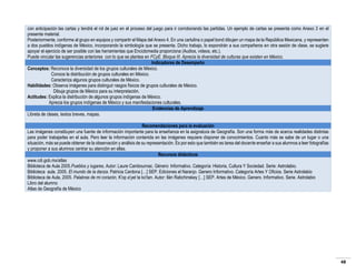 con anticipación las cartas y tendrá el rol de juez en el proceso del juego para ir corroborando las partidas. Un ejemplo de cartas se presenta como Anexo 3 en el
presente material.
Posteriormente, conforme al grupo en equipos y compartir el Mapa del Anexo 4. En una cartulina o papel bond dibujen un mapa de la República Mexicana, y representen
a dos pueblos indígenas de México, incorporando la simbología que se presenta. Dicho trabajo, lo expondrán a sus compañeros en otra sesión de clase, se sugiere
apoyar el ejercicio de ser posible con las herramientas que Enciclomedia proporciona (Audios, videos, etc.).
Puede vincular las sugerencias anteriores con lo que se plantea en FCyE. Bloque III. Aprecia la diversidad de culturas que existen en México.
Indicadores de Desempeño
Conceptos: Reconoce la diversidad de los grupos culturales de México.
Conoce la distribución de grupos culturales en México.
Caracteriza algunos grupos culturales de México.
Habilidades: Observa imágenes para distinguir rasgos físicos de grupos culturales de México.
Dibuja grupos de México para su interpretación.
Actitudes: Explica la distribución de algunos grupos indígenas de México.
Aprecia los grupos indígenas de México y sus manifestaciones culturales.
Evidencias de Aprendizaje
Libreta de clases, textos breves, mapas.
Recomendaciones para la evaluación
Las imágenes constituyen una fuente de información importante para la enseñanza en la asignatura de Geografía. Son una forma más de acerca realidades distintas
para poder trabajarlas en el aula. Pero leer la información contenida en las imágenes requiere disponer de conocimientos. Cuanto más se sabe de un lugar o una
situación, más se puede obtener de la observación y análisis de su representación. Es por esto que también es tarea del docente enseñar a sus alumnos a leer fotografías
y proponer a sus alumnos centrar su atención en ellas.
Recursos didácticos
www.cdi.gob.mx/atlas
Biblioteca de Aula 2005.Pueblos y lugares, Autor: Laure Cambournac. Género: Informativo. Categoría: Historia, Cultura Y Sociedad. Serie: Astrolabio.
Biblioteca aula. 2005. El mundo de la danza. Patricia Cardona […] SEP. Ediciones el Naranjo. Genero Informativo. Categoría Artes Y Oficios. Serie Astrolabio
Biblioteca de Aula, 2005. Palabras de mi corazón, K'op a'yet ta ko'tan. Autor: Ilán Rabchinskey […] SEP. Artes de México. Genero. Informativo. Serie. Astrolabio
Libro del alumno
Atlas de Geografía de México

48

 