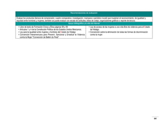 Recomendaciones de evaluación
Evaluar los productos (lectura de comprensión, cuadro comparativo, investigación, mampara o periódico mural) que muestran el reconocimiento, de igualdad y
equidad entre hombres y mujeres, también se puede evaluar con escala de actitudes, listas de cotejo, organizadores gráficos o reporte de lectura.
Apoyo bibliográfico y/o sitio de internet
• Libro de texto de Formación Cívica y Ética páginas 58 y 59
• Artículos 1 y 4 de la Constitución Política de los Estados Unidos Mexicanos.
• Ley para la igualdad entre mujeres y hombres del Estado de Hidalgo
• Convención Interamericana para Prevenir, Sancionar y Erradicar la Violencia
contra la Mujer "Convención de Belém do Pará"

• Ley de acceso de las mujeres a una vida libre de violencia para el Estado
de Hidalgo.
• Convención sobre la eliminación de todas las formas de discriminación
contra la mujer.

64

 