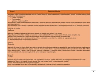 Semana 2

Sugerencias didácticas

Se sugiere al docente que proponga actividades para que el alumno distinga los factores que determinan fundamentalmente el equilibrio, haciéndolo reflexionar sobre
su utilización en diversas acciones:
 ¿Qué es el equilibrio?
 ¿Cómo lo utilizo?
 ¿Para qué sirve tener equilibrio?
Se recomienda al maestro utilizar las estrategias didácticas de la asignatura, tales como: juegos colectivos, expresión corporal y juegos sensoriales para el logro de los
aprendizajes esperados.
De igual manera se invita al educador a implementar acciones para que los escolares resuelvan retos o desafíos que los confronten con sus habilidades y emociones
Ejemplo de una actividad:
“Los Zancos”
Descripción: Cada alumno elaborará un par de zancos utilizando dos botes de leche medianos y dos cuerdas.
El grupo disperso por toda el área de trabajo con sus zancos avanzará de diferentes formas por todo el espacio (de frente, lateral. de espalda, etc.).
Después de haber practicado con el material se pueden efectuar recorridos esquivando material o pasando por encima de ellos.
También se pueden hacer carrera de relevos con zancos en forma de lanzadera, avanzando en línea recta o en zig- zag esquivando conos.
Los alumnos pueden inventar un juego utilizando sus zancos.
Ejemplo 2:
“El ciempiés”
Descripción: Se colocan los niños en filas de seis o siete uno detrás del otro, con las piernas abiertas, muy apretados. A la señal todos los niños han de girar lentamente
hacia la izquierda y quedar con las manos apoyadas en el suelo, el cuerpo paralelo al suelo y las piernas encima del compañero que antes tenía delante. Sólo el último
niño ha de apoyar manos y pies en el suelo. De hecho se trata de dar media vuelta a la posición de partida y quedar como un ciempiés. Las primeras veces pueden
costar un poco dar la vuelta, una vez conseguido han de caminar hasta que se rompa el ciempiés.
Ejemplo 3
“La oruga”
Descripción: El grupo dividido en equipos pequeños. Cada equipo formará una fila y se agarraran de los tobillos del compañero que tiene delante, con el fin de
desplazarse por el terreno sin romper la formación de oruga. ¿Qué grupo consigue recorrer la mayor distancia sin romperse?
Variantes: Agarrar al compañero de otros segmentos corporales.
Es muy importante que el alumno valore la importancia de la participación de la vista y el oído en la conservación del equilibrio.

88

 