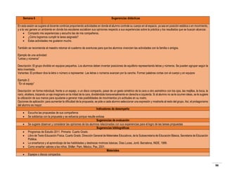 Semana 6

Sugerencias didácticas

En esta sesión se sugiere al docente continúe proponiendo actividades en donde el alumno controle su cuerpo en el espacio, ya sea en posición estática o en movimiento,
y a la vez genere un ambiente en donde los escolares socialicen sus opiniones respecto a sus experiencias sobre la práctica y los resultados que se buscan alcanzar.
 Comparto mis experiencias y escucho las de mis compañeros.
 ¿Cómo logramos cumplir la tarea asignada?
 Estas actividades me gustaron mucho.
También se recomienda al maestro retomar el cuaderno de aventuras para que los alumnos vivencien las actividades con la familia o amigos.
Ejemplo de una actividad:
“Letras y números”
Descripción: El grupo dividido en equipos pequeños. Los alumnos deben inventar posiciones de equilibrio representando letras y números. Se pueden agrupar según la
letra inventada.
Variantes: El profesor dice la letra o número a representar. Las letras o números avanzan por la cancha. Formar palabras cortas con el cuerpo y en equipos
Ejemplo 2:
“En el espejo”
Descripción: en forma individual, frente a un espejo, o un disco compacto, pasar de un gesto simétrico de la cara a otro asimétrico con los ojos, las mejillas, la boca, la
nariz, etcétera, trazando un eje imaginario en la mitad de la cara, dividiéndola transversalmente en derecha e izquierda. Si al alumno no se le ocurren ideas, se le sugiere
la utilización de sus manos para ayudarse a generar más posibilidades de movimientos y/o actitudes en su rostro.
Opciones de aplicación: para aumentar la dificultad de la propuesta, se pide a cada alumno seleccionar una expresión y mostrarla al resto del grupo. Así, el protagonismo
del alumno es mayor.
Indicadores de desempeño
 Escucha las propuestas de sus compañeros
 Se solidariza con la propuesta y se esfuerza porque resulte exitosa
Sugerencias de evaluación
 Se sugiere observar y considerar las opiniones de los alumnos relacionadas con sus experiencias para el logro de las tareas propuestas
Sugerencias bibliográficas
 Programas de Estudio 2011. Primaria Cuarto Grado.
 Libro de Texto Educación Física. Cuarto Grado. Dirección General de Materiales Educativos, de la Subsecretaría de Educación Básica, Secretaria de Educación
Pública.
 La enseñanza y el aprendizaje de las habilidades y destrezas motrices básicas. Días Lucea, Jordi. Barcelona, INDE, 1999.
 Como enseñar valores a los niños. Shiller, Pam, México, Pax, 2001.
Materiales
 Espejos o discos compactos.

96

 