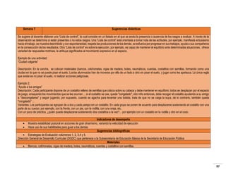 Semana 7

Sugerencias didácticas

Se sugiere al docente elaborar una “Lista de control”, la cual consiste en un listado en el que se anota la presencia o ausencia de los rasgos a evaluar. A través de la
observación se determina si están presentes o no estos rasgos. Una “Lista de control” está orientada a tomar nota de las actitudes, por ejemplo, manifiesta entusiasmo
hacia el trabajo, se muestra desinhibido y con espontaneidad, respeta las producciones de los demás, se esfuerza por progresar en sus trabajos, ayuda a sus compañeros
en la consecución de los resultados. Otra “Lista de control” es sobre la ejecución, por ejemplo, es capaz de mantener el equilibrio ante determinadas situaciones, ofrece
variedad de respuestas motrices, le atribuye significados al movimiento expresivo en el espacio.
Ejemplo de una actividad:
“Ciudad colgante”
Descripción: En la cancha, se colocan materiales (bancos, colchonetas, vigas de madera, botes, neumáticos, cuerdas, costalitos con semillas, formando como una
ciudad en la que no se puede pisar el suelo. Los/as alumnos/as han de moverse por ella de un lado a otro sin pisar el suelo, y jugar como les apetezca. La única regla
que existe es no pisar el suelo, ni realizar acciones peligrosas.
Ejemplo 2:
“Ayuda a tus amigos”
Descripción: Cada participante dispone de un costalito relleno de semillas que coloca sobre su cabeza y debe mantener en equilibrio; todos se desplazan por el espacio
de juego, ensayando los movimientos que se les ocurran ... si el costalito se cae, queda "congelado", otro niño entonces, debe recoger el costalito ayudando a su amigo
a "descongelarse" y seguir jugando; por supuesto, cuando se agacha para levantar una bolsita, trata de que no se caiga la suya, de lo contrario, también queda
"congelado" ...
Variantes: Los participantes se agrupan de a dos y cada pareja con un costalito. En cada grupo se ponen de acuerdo para desplazarse sosteniendo el costalito con una
parte de su cuerpo: por ejemplo, con la frente, con un pie, con la rodilla, con una oreja, etc.
Con un poco de práctica, ¿quién puede desplazarse sosteniendo dos costalitos a la vez?... por ejemplo con un costalito en la rodilla y otro en el codo.
Indicadores de desempeño
 Muestra estabilidad postural en acciones de gran dinamismo, variando la velocidad de ejecución
 Hace uso de sus habilidades para guiar a los demás
Sugerencias bibliográficas
 Estrategias de Evaluación volúmenes 1, 2, 3,4 y 5.
Dirección General de Desarrollo Curricular (DGDC) que pertenece a la Subsecretaría de Educación Básica de la Secretaría de Educación Pública
Materiales
 Bancos, colchonetas, vigas de madera, botes, neumáticos, cuerdas y costalitos con semillas.

97

 