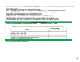 Para esta actividad pueden acudir al acervo de la Biblioteca Escolar y al de la Biblioteca de Aula para revisar libros de poemas que puedan inspirarlos. Exhórtelos a que
inventen poemas originales.
Posteriormente, indíqueles que contesten en Plenaria las siguientes Preguntas Guías:
¿Cuál es el significado literal y figurado de algunas de las palabras o frases que le agradaron de uno o de los tres fragmentos poéticos trabajados?
¿Cuál es el significado literal y figurado de algunas de las palabras o frases que escribieron en su poema en verso o en prosa?
¿Qué sentimientos involucrados reconoce en los fragmentos poéticos que usted les leyó?
¿Qué sentimientos involucrados reconoce en su poema en verso o en prosa que escribió?
¿Qué fragmentos poéticos le parecieron más interesantes de los fragmentos poéticos que usted les leyó y por qué?
¿Qué fragmentos poéticos le parecieron más interesantes de su poema en verso o en prosa que escribió y por qué?
¿Qué fragmentos poéticos, de los fragmentos poéticos que usted les leyó, le parecieron expresan mayor sensibilidad y sinceridad?
¿Qué fragmentos poéticos, de su poema en verso o en prosa que escribió, le parecieron expresan mayor sensibilidad y sinceridad?
Recomendaciones para la evaluación
Elabore una rúbrica para evaluar lectura, escritura e interpretación de poemas; o, si lo considera adecuado, aplique la siguiente:
Nombre:___________________________________________________________Fecha:_______________________________
INDICADOR

0
Insuficiente

ESCALA DE DESEMPEÑO
1
2
3
Regular Bien Muy bien

4
Destacado

Su poema en verso, se valora como:
Su poema en prosa, se valora como:
Su expresión verbal, se valora como:
Su expresión corporal, se valora como:
El fundamento de su respuesta a las Preguntas Guía, se valora como:
Diferencia al lenguaje literal del figurado de manera:

Recursos
Libros del Rincón, Biblioteca Escolar, Biblioteca de Aula.

13

 