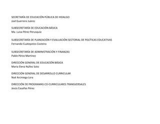 SECRETARÍA DE EDUCACIÓN PÚBLICA DE HIDALGO
Joel Guerrero Juárez
SUBSECRETARÍA DE EDUCACIÓN BÁSICA
Ma. Luisa Pérez Perusquía
SUBSECRETARÍA DE PLANEACIÓN Y EVALUACIÓN SECTORIAL DE POLÍTICAS EDUCATIVAS
Fernando Cuatepotzo Costeira
SUBSECRETARÍA DE ADMINISTRACIÓN Y FINANZAS
Pablo Pérez Martínez
DIRECCIÓN GENERAL DE EDUCACIÓN BÁSICA
María Elena Núñez Soto
DIRECCIÓN GENERAL DE DESARROLLO CURRICULAR
Noé Arciniega Lora
DIRECCIÓN DE PROGRAMAS CO-CURRICULARES TRANSVERSALES
Jesús Casañas Pérez

 