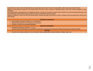 una distancia de 2 metros. Se dan 20 segundos para que cada equipo lance el mayor número de aviones posibles y trate de que caigan dentro de los aros.
Obtiene un reconocimiento el equipo con más aviones dentro de los aros y sólo un equipo es cuestionado sobre el motivo de no haber conseguido un mejor
desempeño.
La actividad también puede plantearse con la finalidad de alcanzar una meta sin ser necesario competir contra los demás, sino contra los elementos del juego, como
vencer obstáculos o entre todos los equipos introducir en los aros un determinado número de aviones.
Opciones de aplicación: Lanzar a los aros de los demás equipos. El equipo que tenga más aviones en su área no consigue la meta (los equipos lanzan hacia los aros
de los demás).






Indicadores de desempeño
Muestra agilidad adecuada al trabajar con y sin implementos.
Interpreta adecuadamente la las consignas que se le plantean.
Participa con interés en las actividades planteadas.
Sugerencias bibliográficas
Estrategias de Evaluación volúmenes 1, 2, 3,4 y 5.
Dirección General de Desarrollo Curricular (DGDC) que pertenece a la Subsecretaría de Educación Básica de la Secretaría de Educación Pública
Materiales
Cajas de cartón, pelotas de plástico, de vinil y de esponja, frisbees, papel periódico, bolsas de plástico o costales, hojas y aros.

73

 