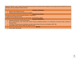 Opciones de aplicación: Jugar un pequeño partido anotando con los aviones en una portería. Hacer una especie de ruta con algunos puntos de referencia a los que se
debe llegar y otras que propongan el docente y alumnos.
Indicadores de desempeño



Construye formas rápidas de ejecución
Reflexiona sobre los elementos importantes para la agilidad

Sugerencias de evaluación
Se sugiere que el docente, evalué el desempeño del alumno, considerando si:
a) Construye formas rápidas de ejecución
b) Reflexiona sobre los elementos importantes que debe estimular, para desarrollar su agilidad.
Sugerencias bibliográficas
 Programas de Estudio 2011. Primaria Quinto Grado.
 Libro de Texto Educación Física. Quinto Grado. Dirección General de Materiales Educativos, de la Subsecretaría de Educación Básica, Secretaria de
Educación Pública.
 La enseñanza y el aprendizaje de las habilidades y destrezas motrices básicas. Días Lucea, Jordi. Barcelona, INDE, 1999.
 Como enseñar valores a los niños. Shiller, Pam, México, Pax, 2001.
Materiales
 Cuerda, costal y hojas de papel.

78

 